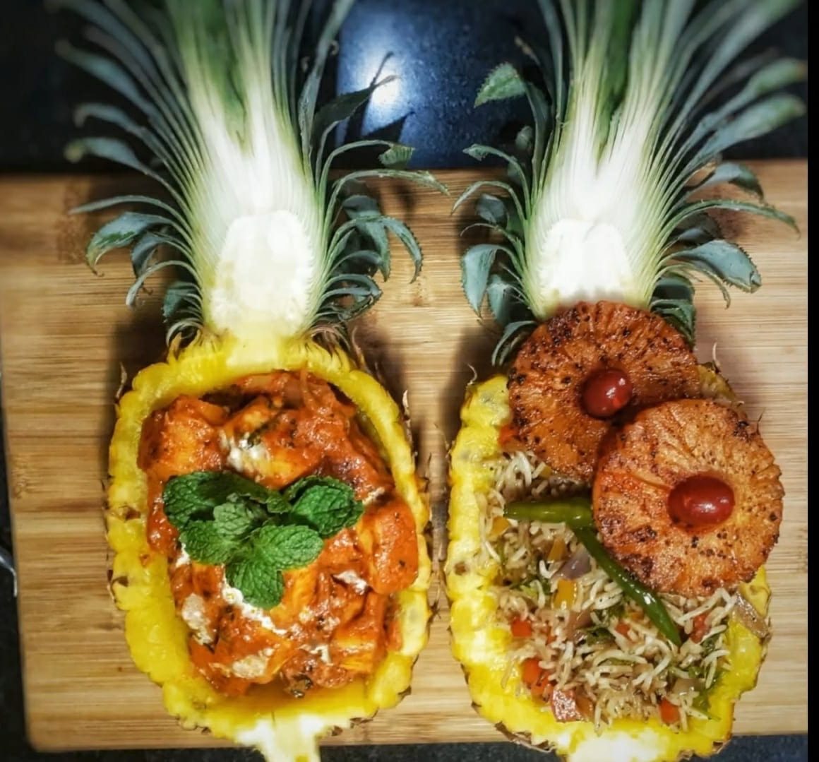 FRIED RICE IN PINEAPPLE BOWLS WITH TANGY PANEER PINEAPPLE GRAVY